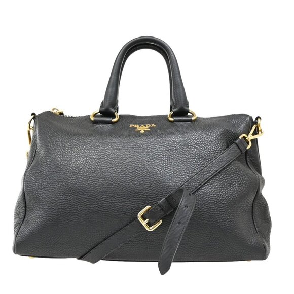 PRADA Logo 2Way Shoulder Hand Bag Leather Black GHW 95EF627 - Picture 1 of 16